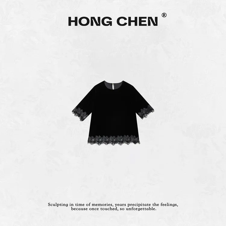 【虹辰·真丝绒】高端时尚桑蚕丝绒优雅蕾丝勾花百搭高级感T--HC2379