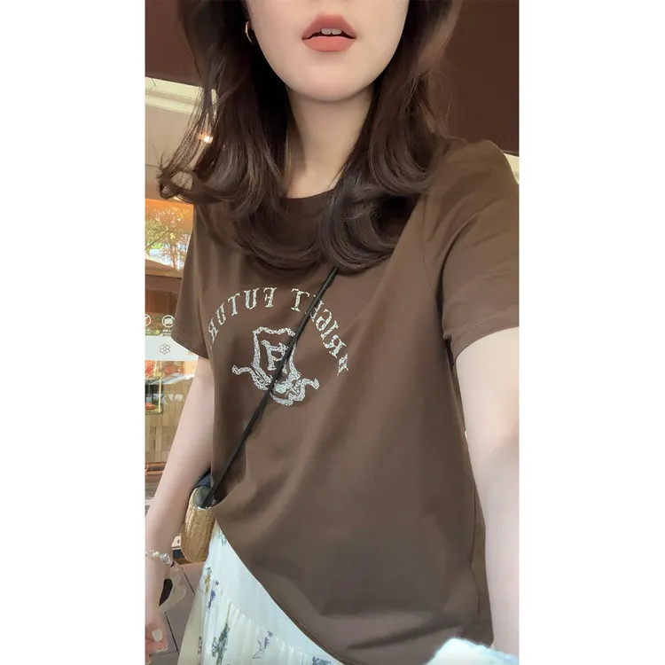 现货大婉酱微胖定制套头印花字母T恤女夏季宽松圆领时尚上衣9258D