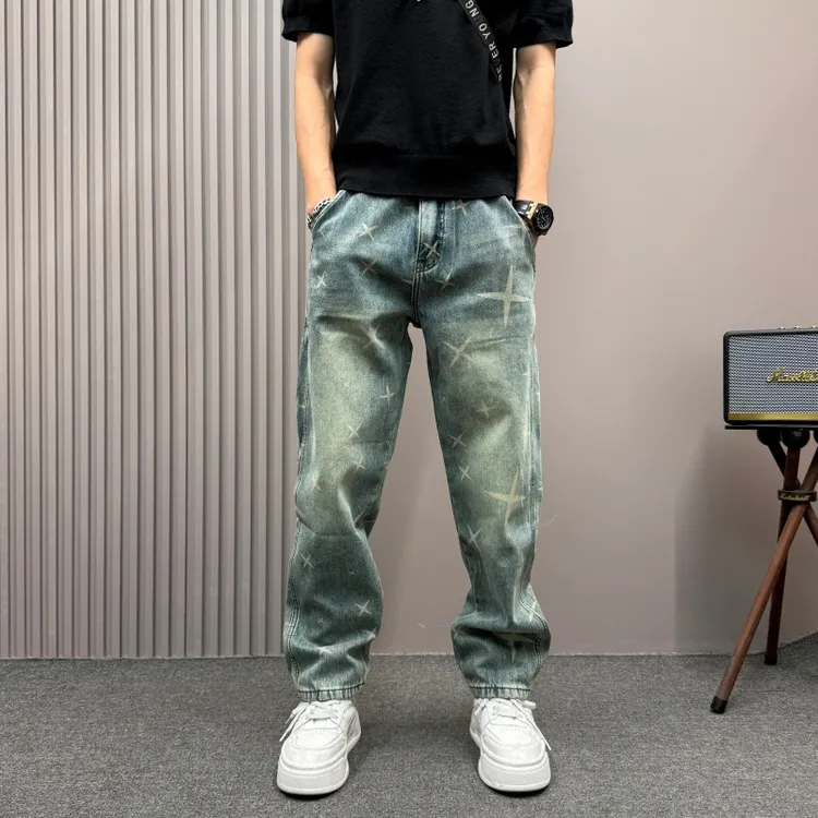 男士冬季时尚潮牌宽松直筒百搭休闲裤高端美式复古星光印花牛仔裤