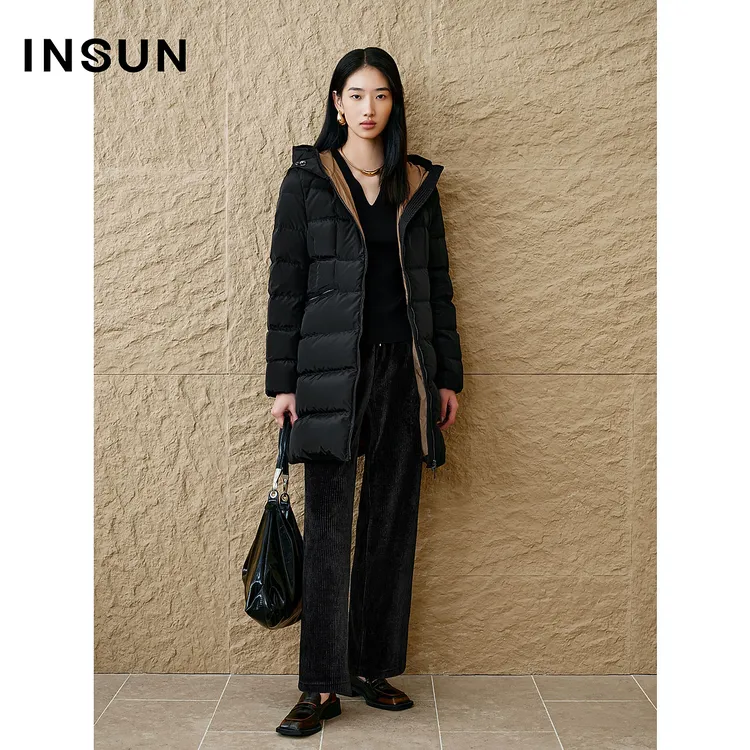 INSUN恩裳专选冬季黑色连帽绗线85白鹅绒羽绒服