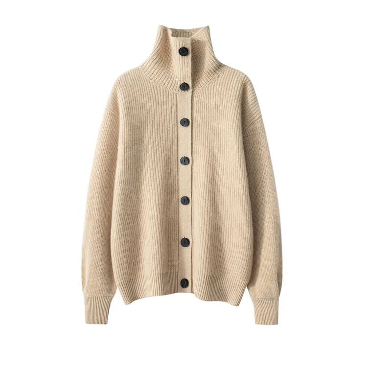 100%山羊绒七针双股加厚立领扣子开衫