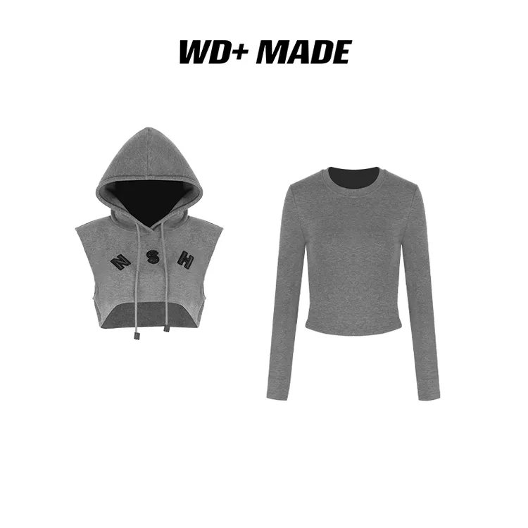 时尚百搭设计师小众连帽字母显瘦马甲+百搭长袖上衣两件套上衣