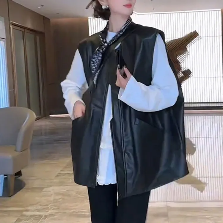 欧货黑色皮衣坎肩马甲女2025秋季宽松圆领无袖机车服背心外套上衣