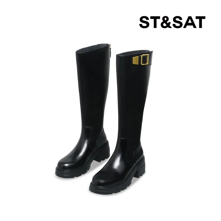 【伯爵系列】星期六长筒靴女款马鞍靴厚底时装靴黑色高筒骑士靴7R04