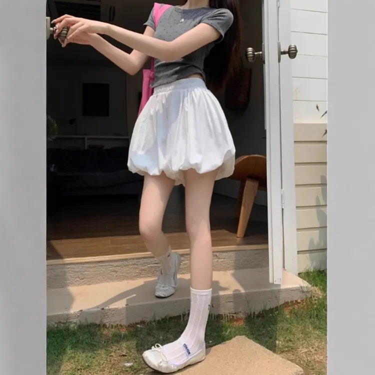 小众设计感蓬蓬花苞裙裤女秋季高腰宽松休闲裤显瘦白色a字短裙子