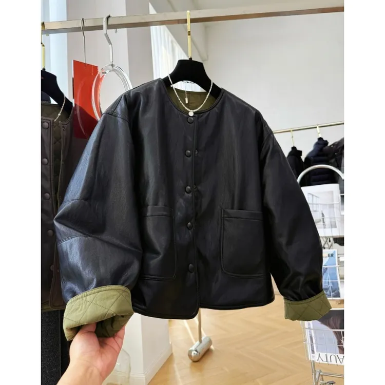 高级感独特别致韩系两面穿夹棉皮衣圆领pu皮夹克女秋冬棉服外套