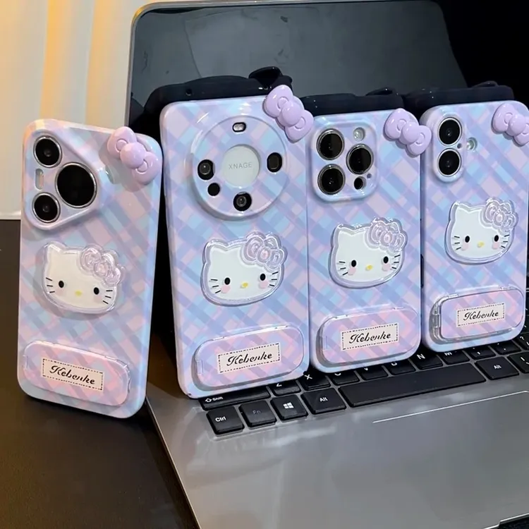 凯蒂猫紫格纹蝴蝶结适用苹果16/13手机壳iPhone华为vivoppo小米15