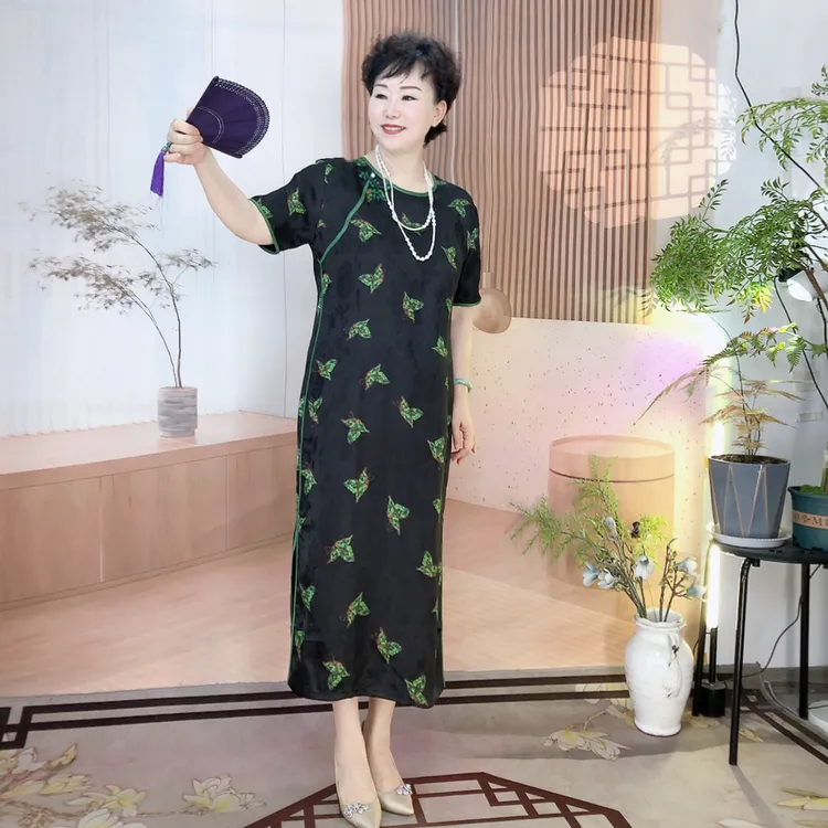 【圆领绿蝶】圆领大码旗袍显瘦气质时尚夏季复古宽松修身长款印花