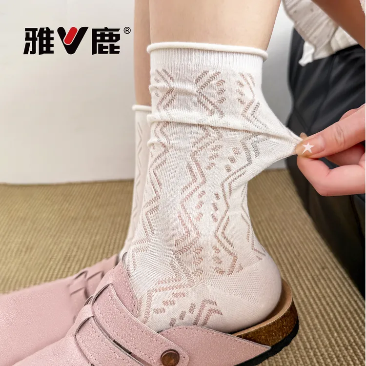 日系in女生纯色系暗纹堆堆袜无骨抗起球中筒袜纯欲白色百搭