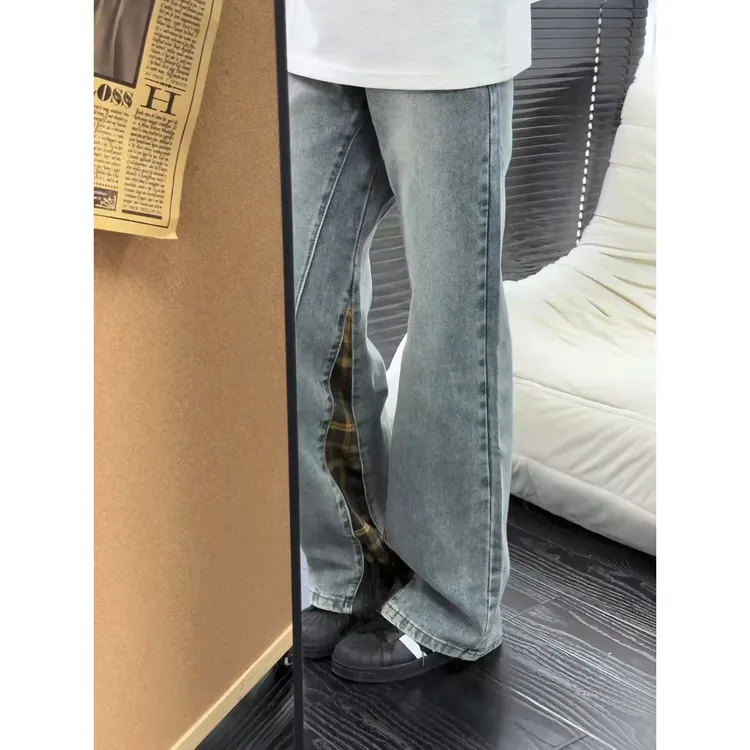 美式格子拼接牛仔裤男女秋季小众设计感百搭复古宽松垂感直筒裤子