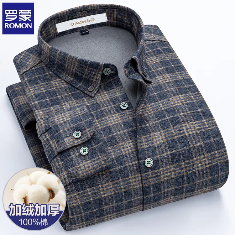 罗蒙高品质纯棉男士蓝黄格子保暖衬衫中年休闲加绒长袖休闲衬衣