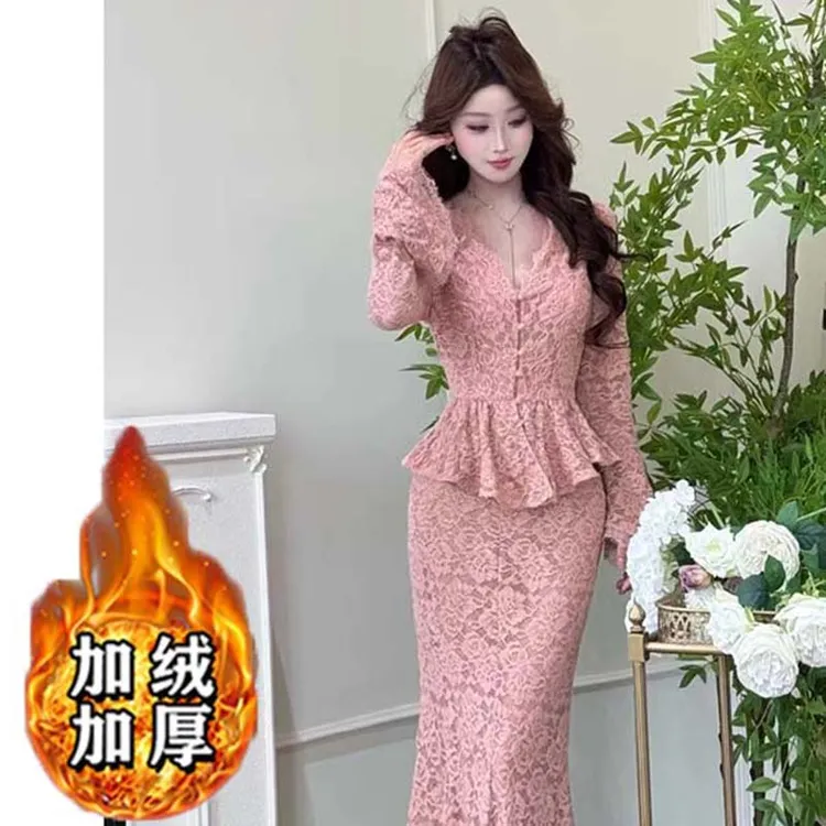 【加绒加厚】【两件套】深v蕾丝上衣高级感包臀鱼尾裙套装TX0304