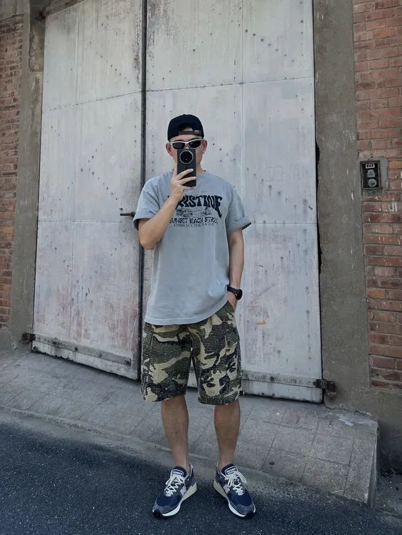 夏季休闲宽松中腰户外时尚日系迷彩工装裤五分裤水洗短裤裤子夏款