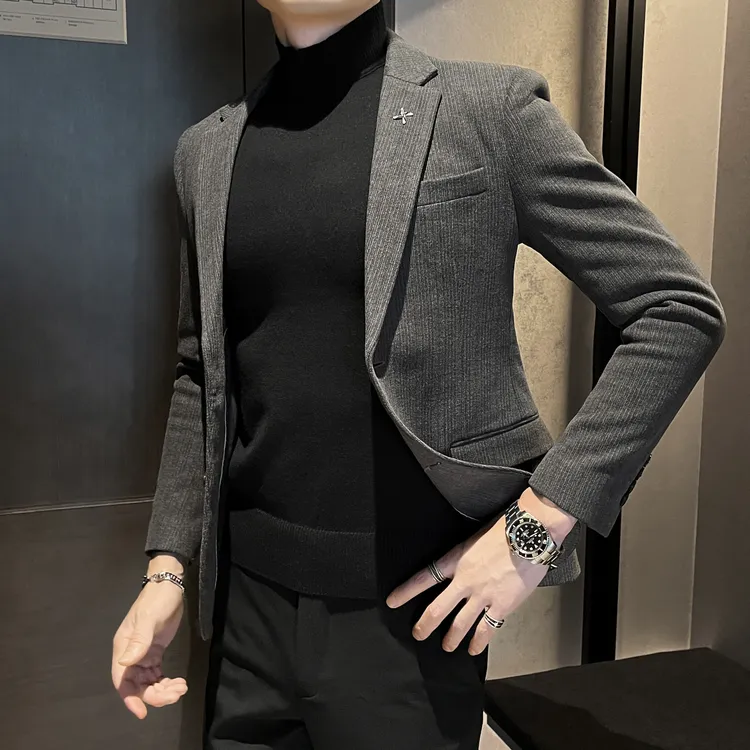 秋冬季新款条纹毛呢西装外套男装韩版修身高级感休闲痞帅小西服男
