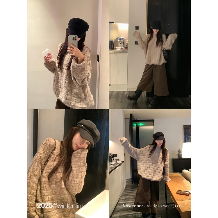 SUNONEONE 小众手工编织套头羊毛毛衣女冬高级感慵懒针织衫H1392M