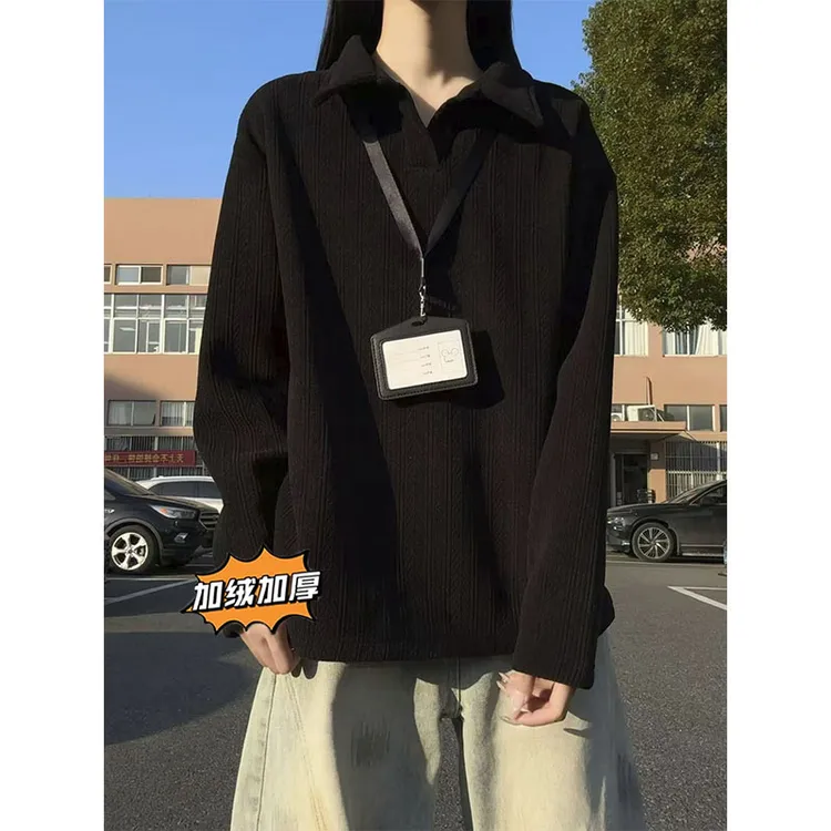 麦穗文polo领卫衣男冬季潮牌加绒提花长袖内搭oversiz宽松外套