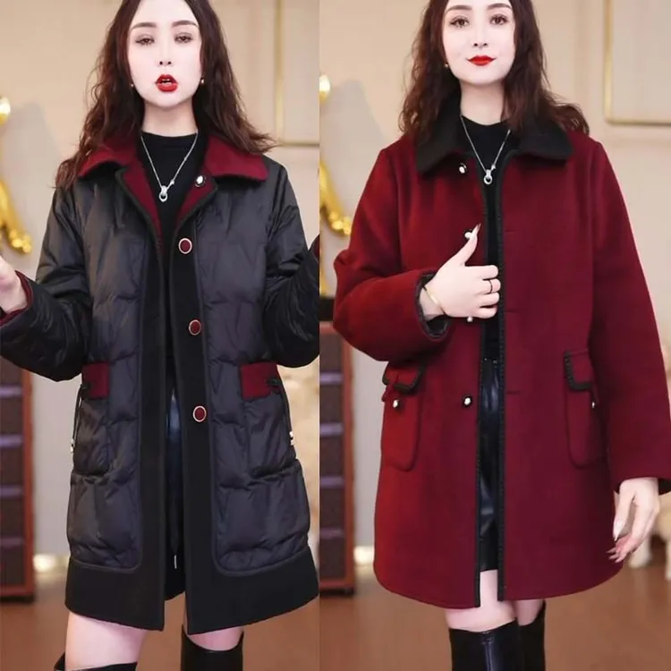 羊毛呢大衣外套90白鸭绒羽绒服2025冬季新款双面双穿保暖妈妈外套