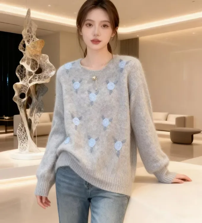 秋冬新款重工刺绣勾花套头毛衣软糯设计感小众宽松上衣2521