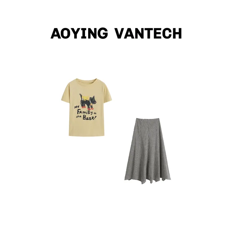 【陈西贝专属】AOYING VANTECH【琉璃梦镜】雪花棉印花钉珠短袖+黑白格半裙套装
