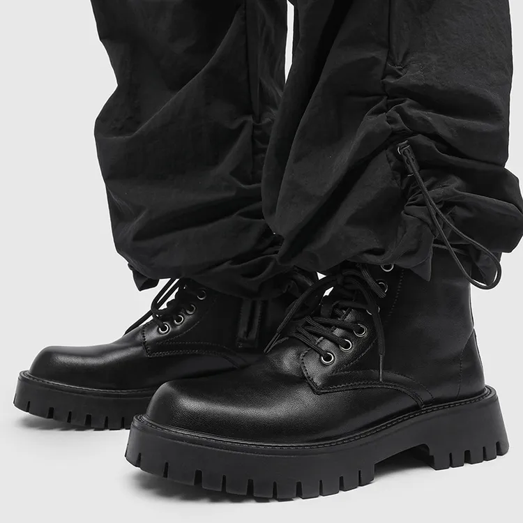 马丁靴男侧拉链款秋冬季时尚爆款英伦风真皮中帮厚底工装短靴皮鞋