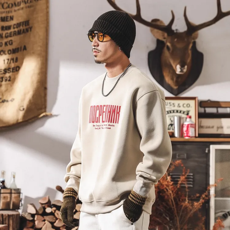 美式复古420g重磅加绒圆领卫衣男2025冬季新款潮流印花宽松上衣