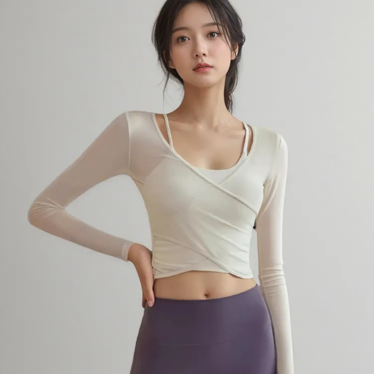 瑜伽服长袖收腰上衣女网纱叠穿设计含胸垫显瘦健身衣速干运动罩衫