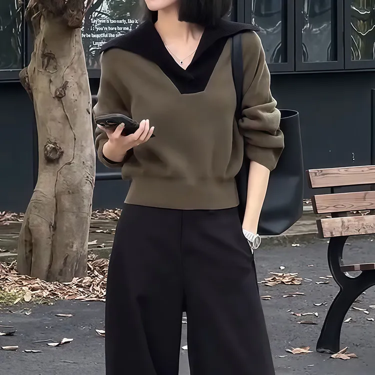 设计感假两件正肩长袖针织衫女秋季宽松显瘦撞色V领独特别致上衣