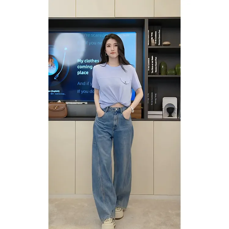 小乖逃X休闲蓝色T恤短袖口袋扣T恤透气夏季LS0003