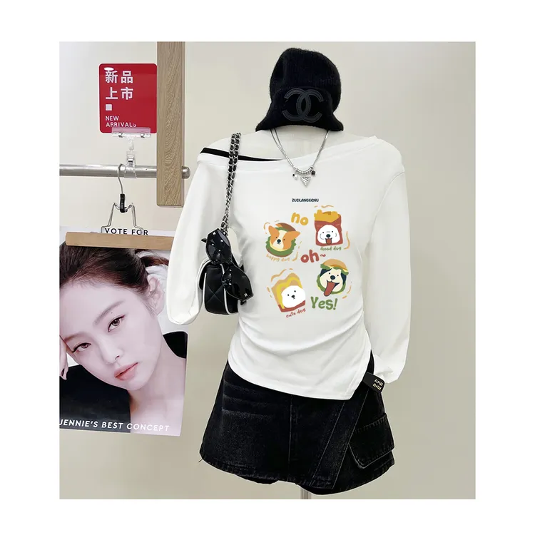 高品质早秋新款时尚百搭斜肩印花独特上衣修身显瘦长袖T恤女