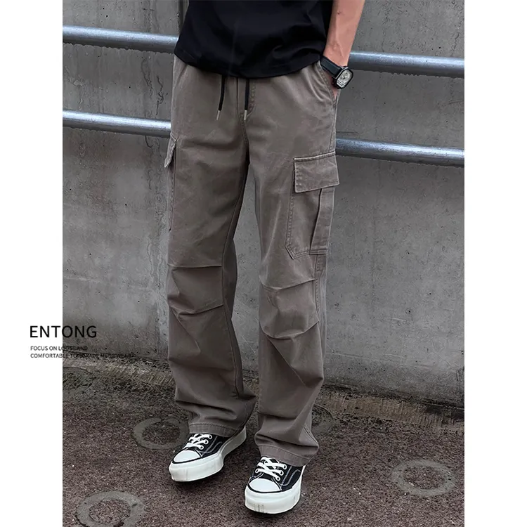 Entong美式高街宽松褶皱多口袋工装裤男复古显瘦抽绳直筒休闲裤子