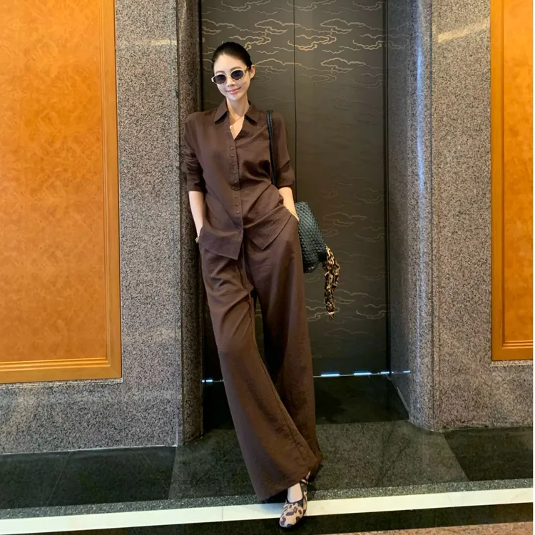 休闲风老钱风时尚套装女收腰通勤极简衬衫长袖显瘦高腰系带休闲裤