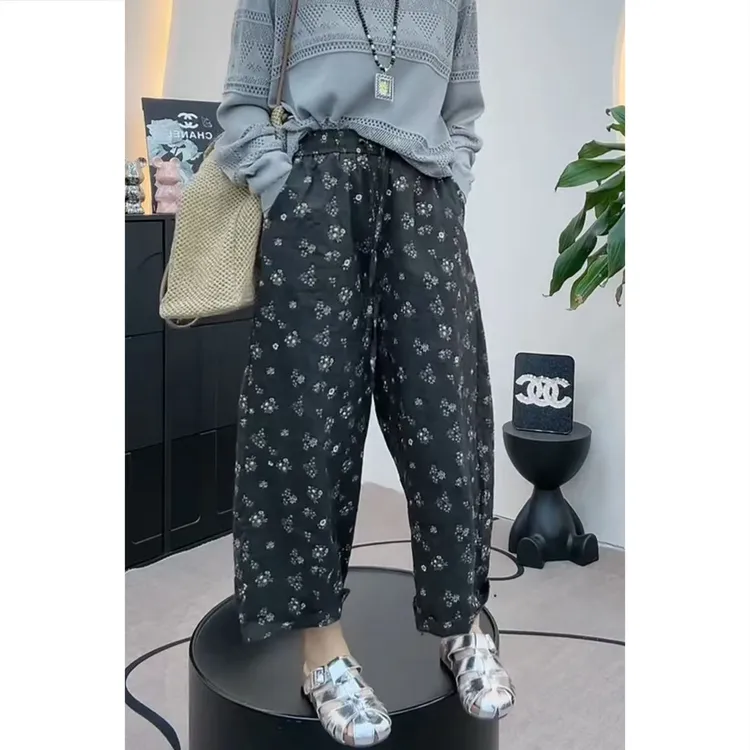 艾塔莉时尚复古碎花休闲裤女夏季新款梨型身材宽松显瘦九分阔腿裤