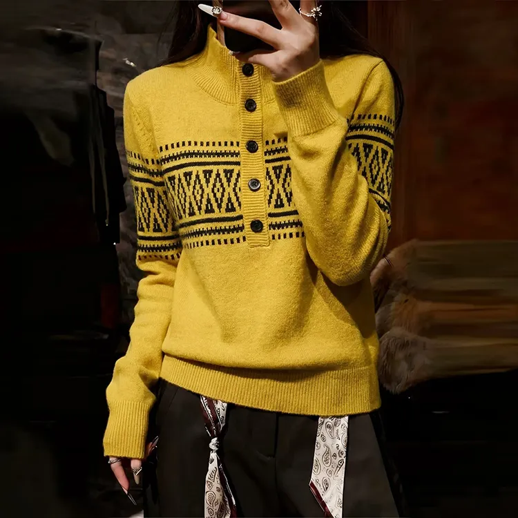 费尔岛圆领黄色毛衣女2025秋冬季慵懒高级感半高领打底针织衫上衣