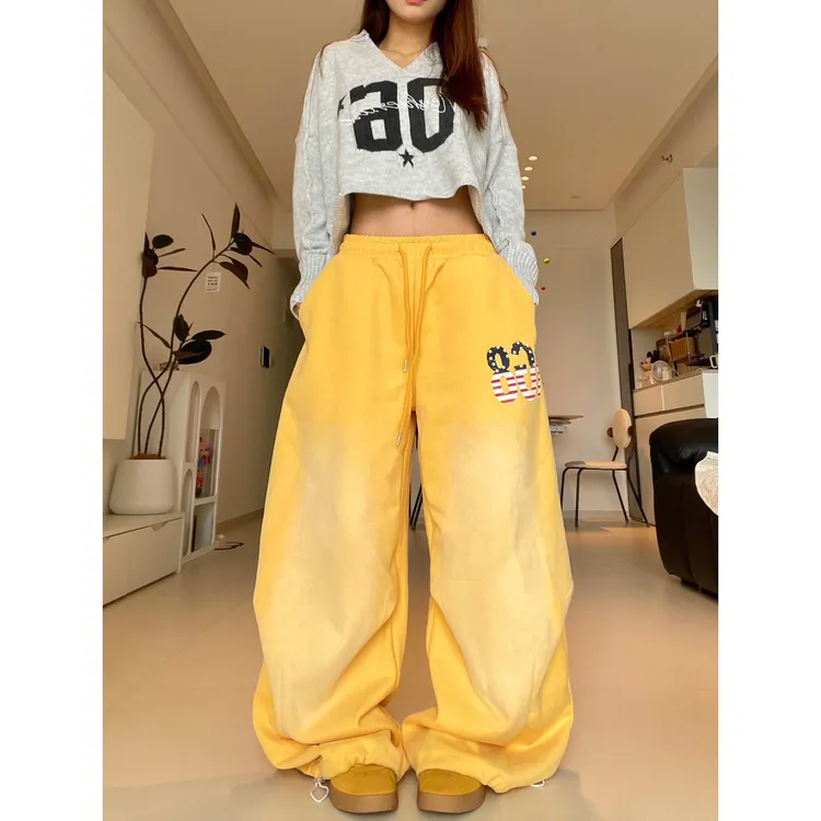 水洗做旧黄色美式hiphop卫裤女宽松阔腿爵士舞裤子休闲运动裤子
