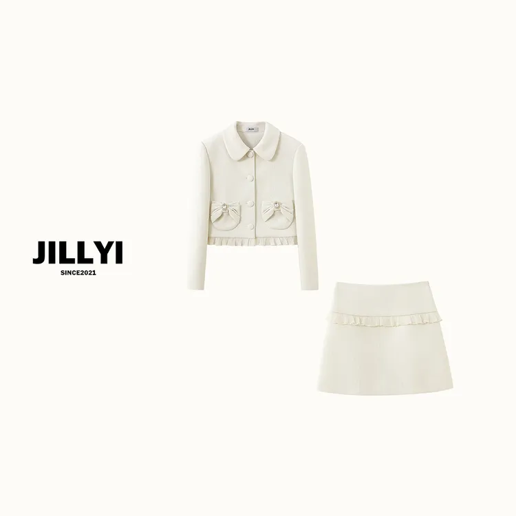 JILLYI珠海店【椰子奶油】白色公主气质外套+白色蕾丝拼接半裙气质