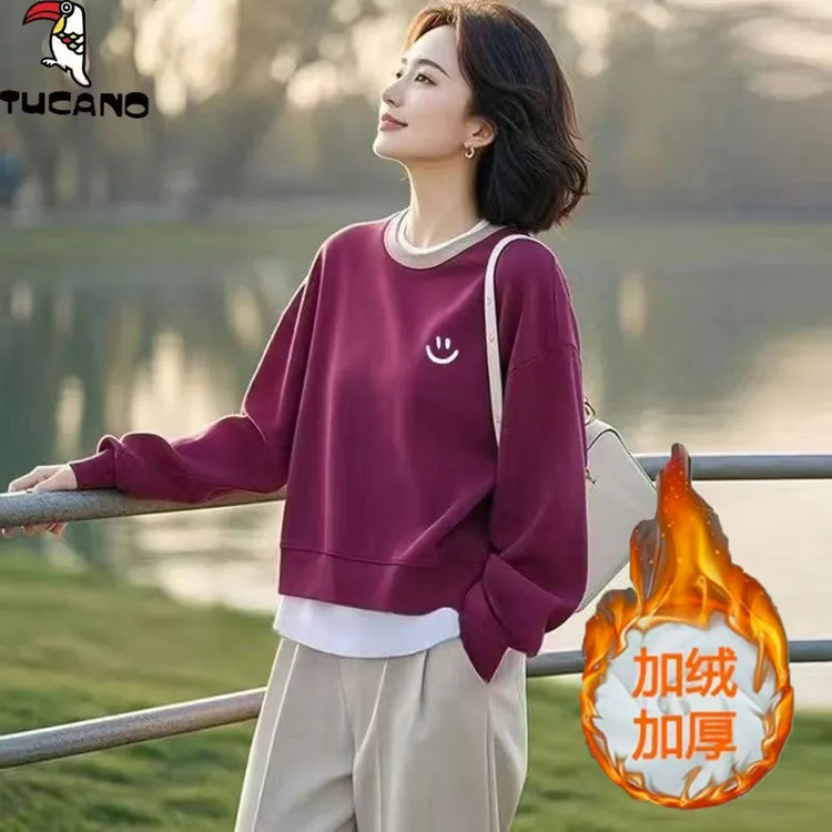 啄木鸟假两件时尚百搭卫衣女秋季宽松套头加绒简约洋气减龄上衣服