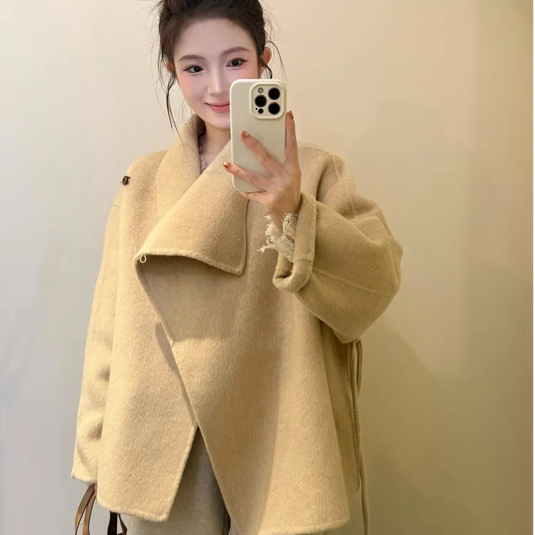 【真贞定制】MX2505韩系斜翻领双面绵羊毛大衣外套女2025新款收腰绑带宽松显瘦