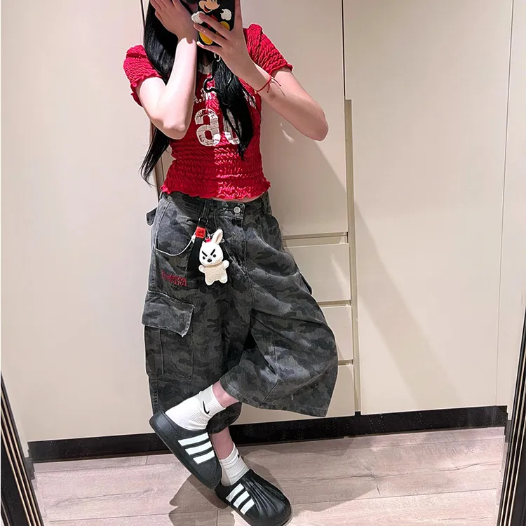 大码迷彩大口袋工装七分牛仔裤女2025夏季新款宽松美式垂感阔腿裤