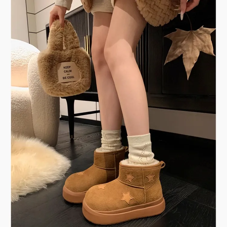 星星厚底雪地靴女冬季新款加绒保暖防滑东北棉鞋复古百搭增高短靴