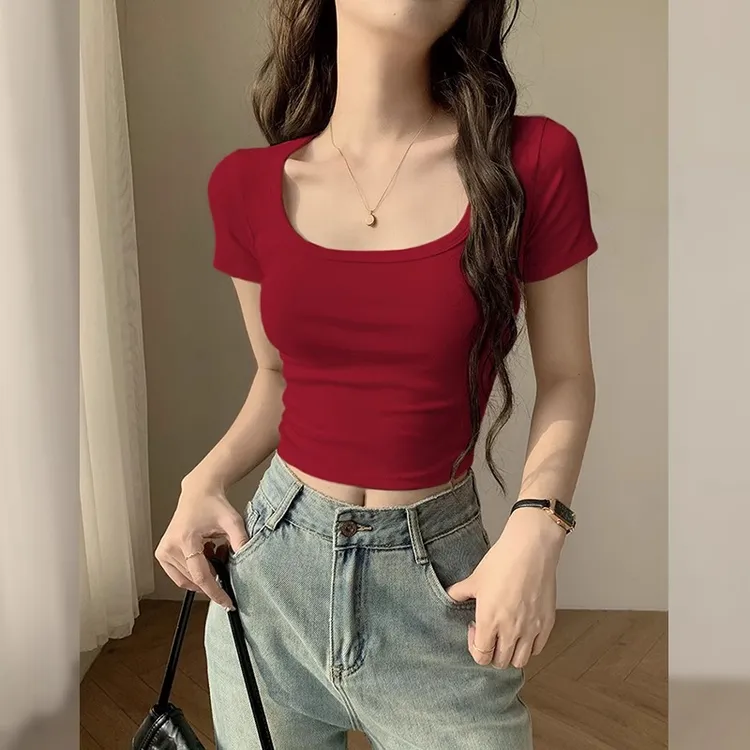 法式正肩大领口露脐短袖t恤女款2025新款爆款纯色修身短款U领上衣