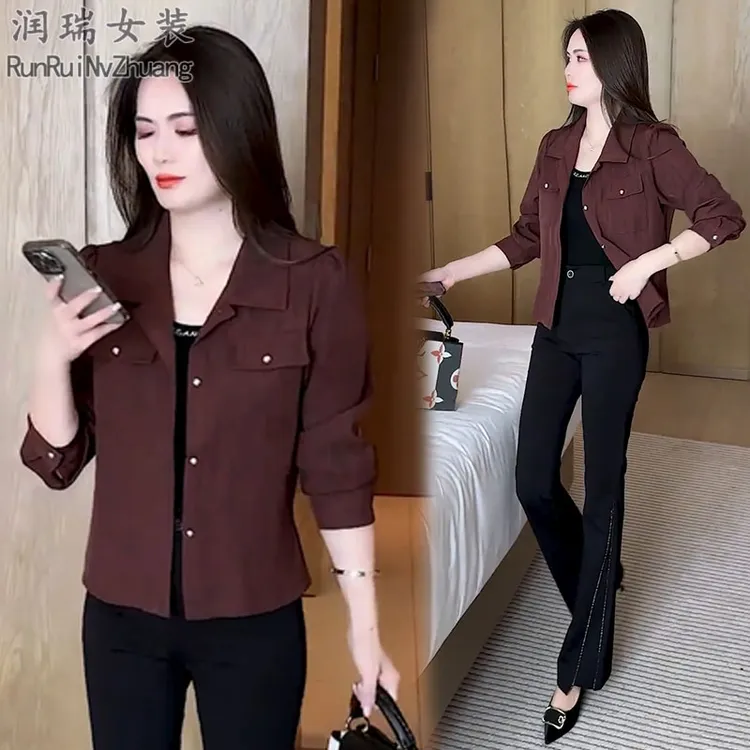 极简风气质减龄翻领短外套女2025秋季新款小个子休闲上衣衬衣通勤
