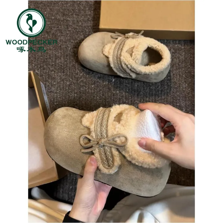 啄木鸟内增高勃肯鞋女款2025冬季新款加绒雪地靴棉鞋魔术贴毛毛鞋