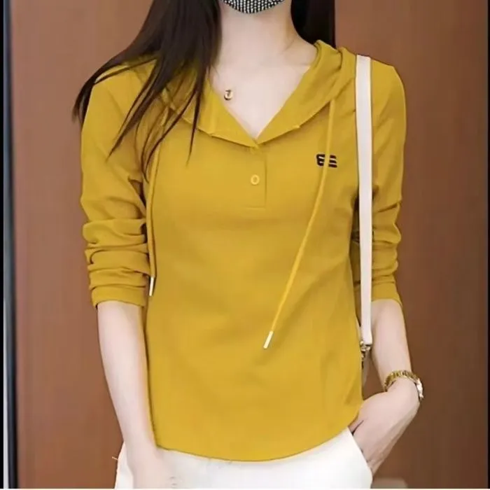 连帽女长袖早秋女士拼接收腰T恤减龄秋装时尚t恤宽松