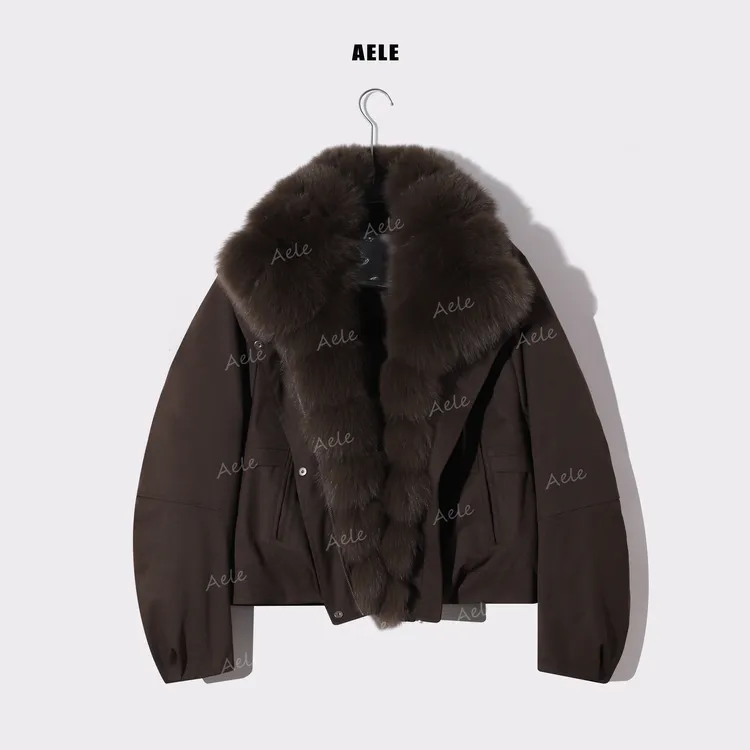 AELE工装风短款皮草女狐狸毛领宽松保暖鹅绒夹克P855 3853 AD