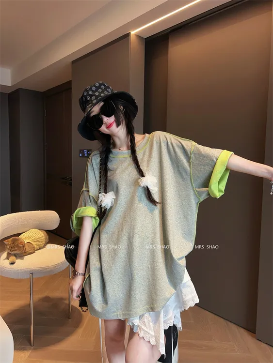 大码爆款夏季短袖拼接磨破新潮风拼接t恤拼色T恤中长款百搭显瘦