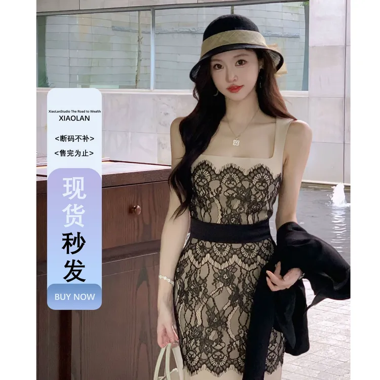小岚同学「古早黑天鹅」「原创」气质贵气轻奢黑色蕾丝拼接无袖连衣裙