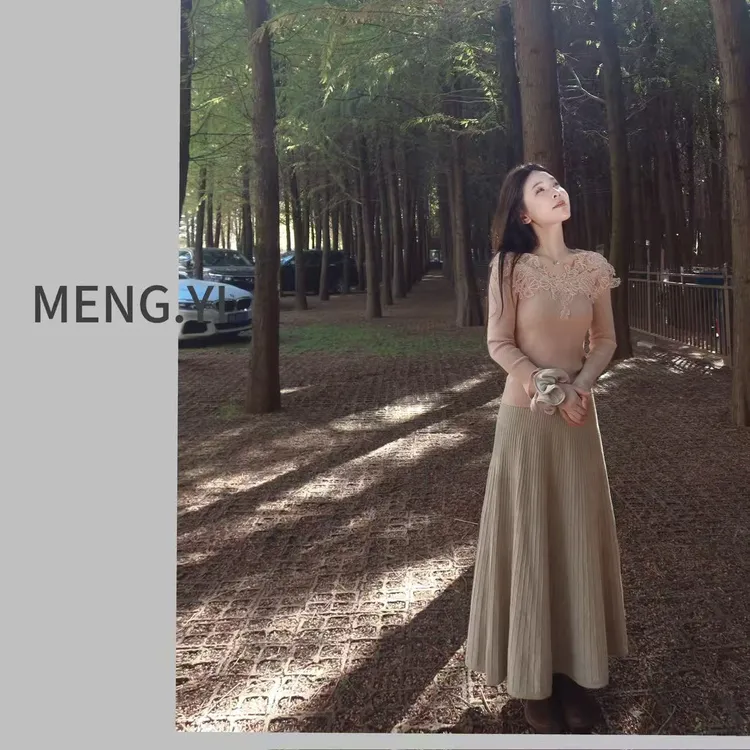 MENG.YI坑条简约韩系针织大摆裙5436