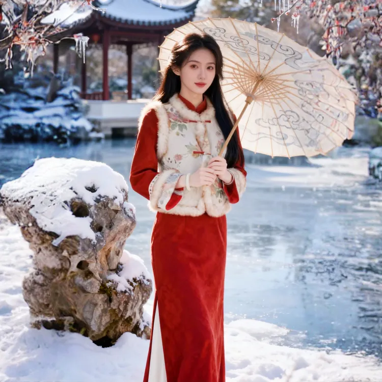 苏故里【花好月圆】新款冬季加绒修身显瘦气质新中式旗袍中长小个子