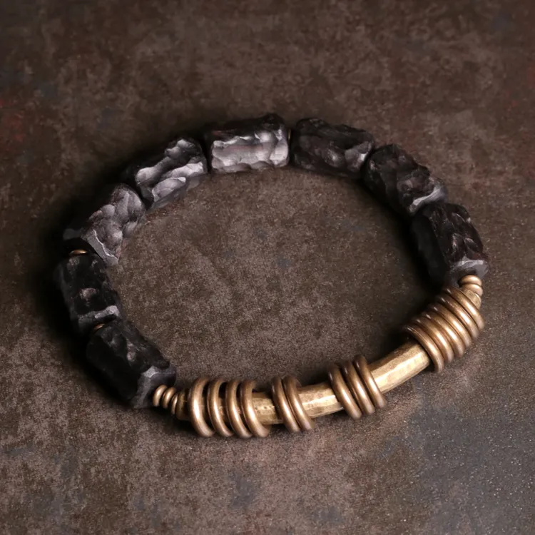 原创设计黑檀木串珠混搭黄铜环手链男潮 复古个性手串女情侣饰品