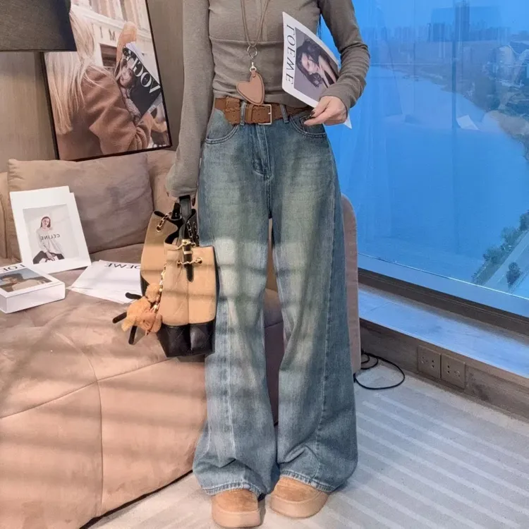 【晓溪服饰】丹宁风做旧水洗渐变长裤复古阔脚牛仔裤6585